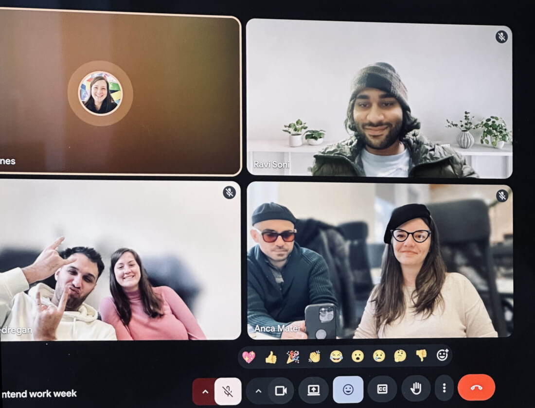 Screenshot of a Teams video call showing five frontend team members participating during the work week.